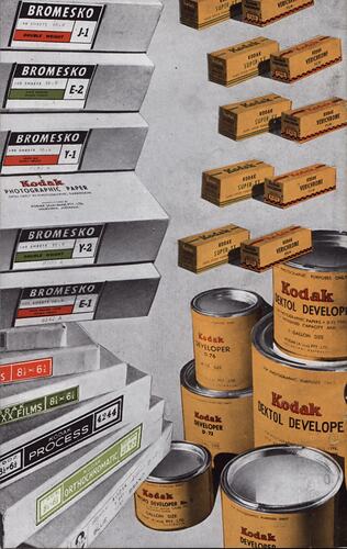 Coloured illustration of photographic product boxes and tins.