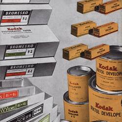 Coloured illustration of photographic product boxes and tins.