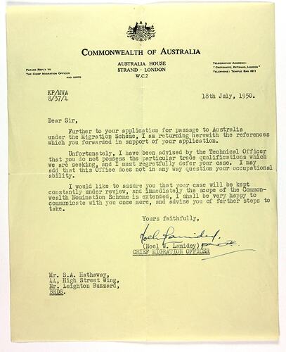 Letter - Qualifications Recognition for Stanley Hathaway, Commonwealth of Australia,  Australia House London, 18 Jul 1950