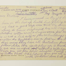 Back of postcard with extensive hand-writing.