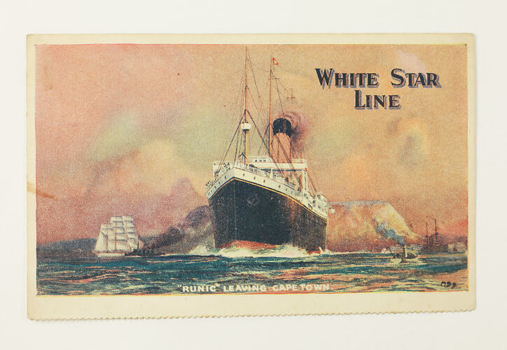 Front of postcard with coloured image of ship.