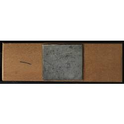 Underside of wooden microslide with metal central panel.