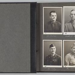 Open photo album with eight photographs of men in military uniform.
