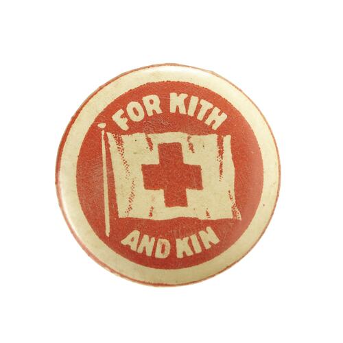 Circular badge with red cross flag and printed text above and below on a red background with white border.