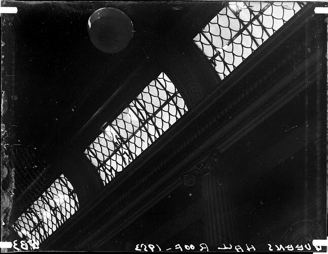 Glass Negative - Damage to Interior of Queen's Hall Roof, Museum of Applied Science of Victoria (Science Museum), Melbourne, 1953