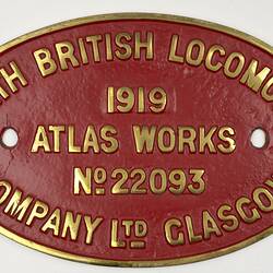 Locomotive Builders Plate - North British Locomotive Co., Glasgow, Scotland, 1919
