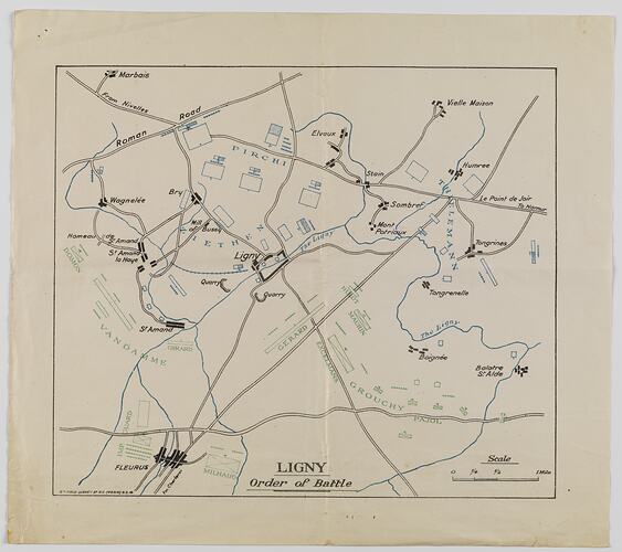 Map printed in black, blue, green ink on off-white paper.