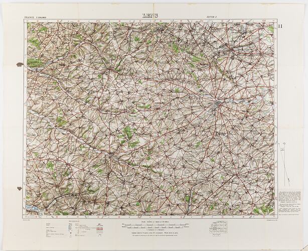 Contour map, printed in red, green, blue and orange on off-white paper covered cloth.