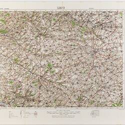 Contour map, printed in red, green, blue and orange on off-white paper covered cloth.