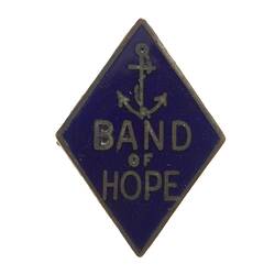 Diamond-shaped metal lapel pin with blue enamel and silver text and image of anchor.