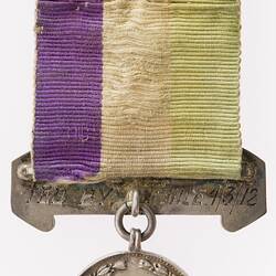 Ribbon - Suffragette Medal  -Hunger Strike- , Awarded to Myra Eleanor Sadd Brown, Great Britain, 1909 - Reverse