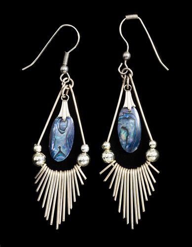 Pair of Earrings - Turquoise Shell Pendant & Metal Fringe, Bernice Kopple, circa 1960s-1980s