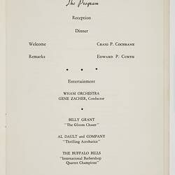 Page from programme - Eastman Kodak Company, 'Anniversary Dinner', Rochester, USA, 27 Sep 1951