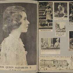 Double page of a scrapbook, large black and white image of Queen Elizabeth II as a girl on left. Six smaller i