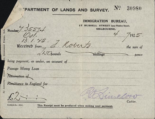 Receipt - Loan Repayment, Department of Lands and Survey, Immigration Bureau, Melbourne 4 Jul 1925