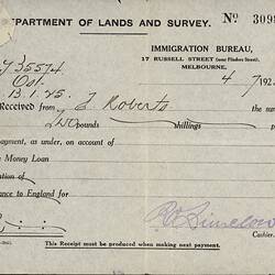 Receipt - Loan Repayment, Frederick Roberts, Department of Lands and Survey, Immigration Bureau, Melbourne 4 Jul 1925