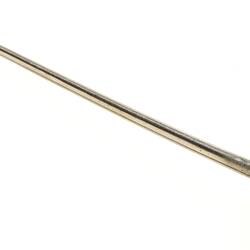 Long narrow stainless steel tube with curved tip and reel-shaped end with a narrow knurled ring.