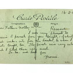 Back of hand-written postcard.