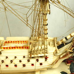 Close up of model ship, starboard bow.