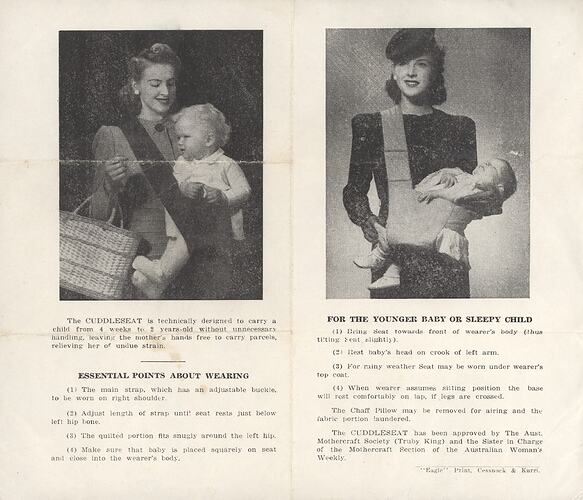 Two printed photographs of women with babies in carriers. Text below.