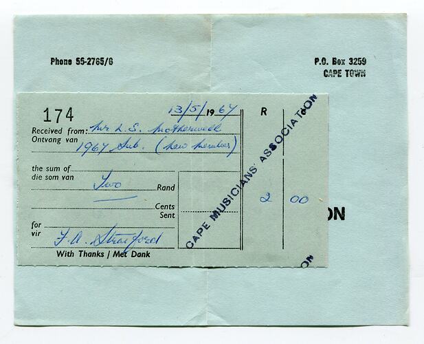 Receipt - Lindsay Motherwell, Cape Musicians' Association, Cape Town, 13 May 1967