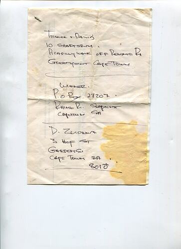 List - Addresses, Sylvia Boyes, Cape Town, 1969