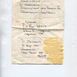List - Addresses, Sylvia Boyes, Cape Town, 1969