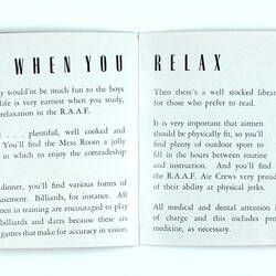 Pages of booklet with text and photos of men relaxing.