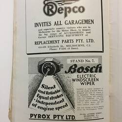 White catalogue page with two black printed car advertisements. Repco and Pyrox.