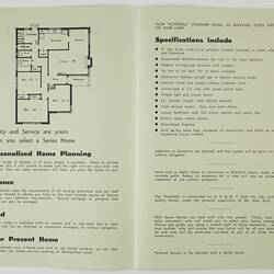 Open brochure of white paper with black printed text and house floorplan.