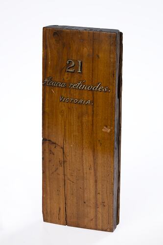 Timber sample with painted gold lettering.