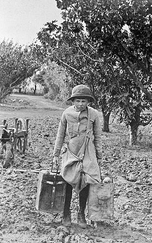 [Frank Stephenson carrying buckets of apples, Merrigum, near Shepparton, about 1915.]