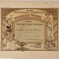 Colour printed certificate. Woman stands at right. Woman at left holds rake. In front, woman sits sewing as a