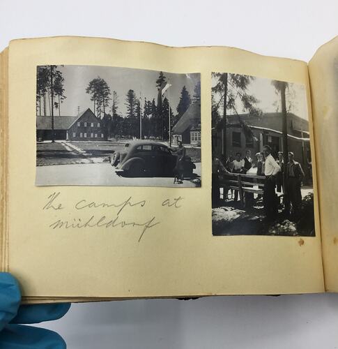 Two black and white photos glued on page of album with handwritten annotation in pencil underneath.