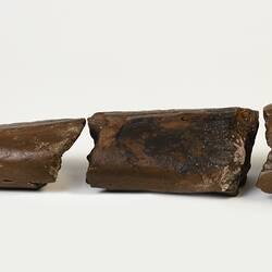 Long, taperered brown fossil whale snout in three pieces.