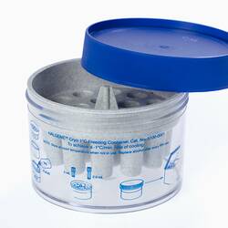 NALGENE cryo sample freezing container with blue lid.