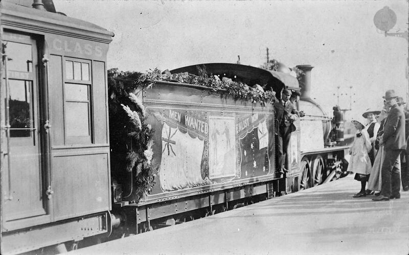 [Locomotive decorated for enlistment campaign, about 1914.]