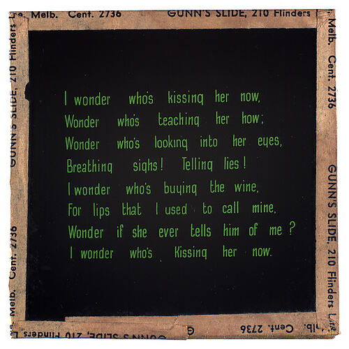 Lantern Slide - Universal Opportunity League, 'I Wonder Who's Kissing Her Now'