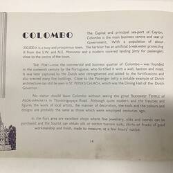 White page with dark blue text. Sketch of temple lower right with high spire.