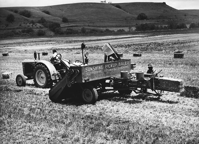 NO. 263. SUNSHINE ENGINE-FUNCTIONED PICKUP BALER, DRAWN BY SUNSHINE MASSEY HARRIS TRACTOR, BALING LUCERNE HAY FROM THE WINDROW ON MR. ROBERT GREEN'S PROPERTY,