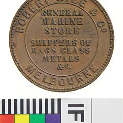Token - 1 Penny, Robert Hyde & Co, Marine Store, Melbourne, Victoria, Australia, 1857