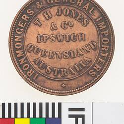 Token - 1 Penny, T.H. Jones & Co, Ironmongers, Ipswich, Queensland, Australia, circa 1858