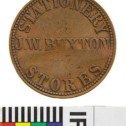 Surcharged Token - 'R.Ferguson' on 1 Penny, J.W. Buxton, Stationery Stores, Brisbane, Queensland, Australia, circa 1862