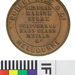 Token - 1 Penny, Robert Hyde & Co, Marine Store, Melbourne, Victoria, Australia, 1857