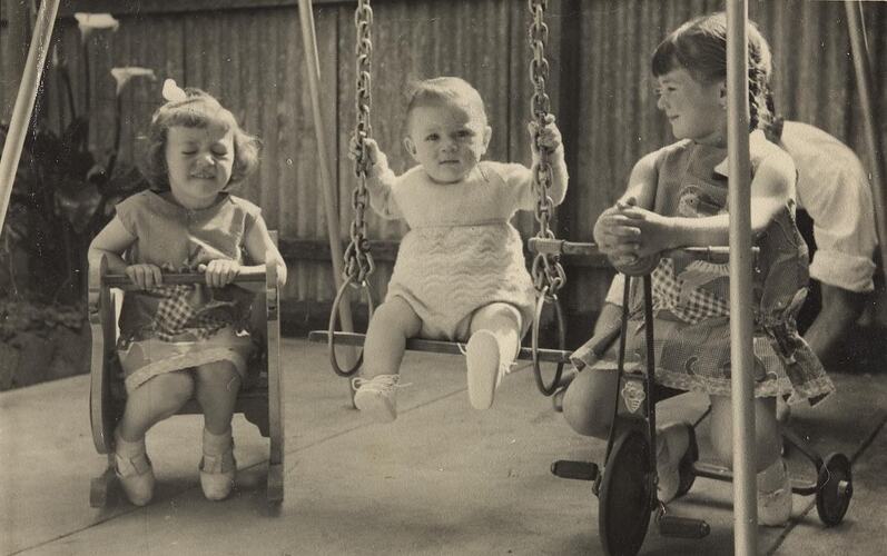 Digital Photograph - Children & Father Playing on Home Made Swing Set, Backyard, Coburg, 1963