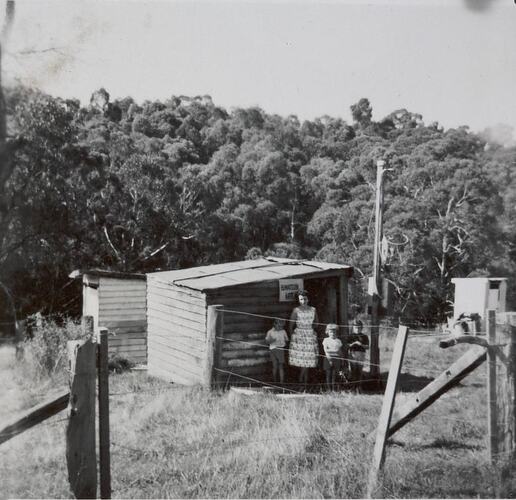 Digital Photograph - Woman & Four Children Standing in front of Builder's Shed, House Building Site, Greensborough, circa 1958