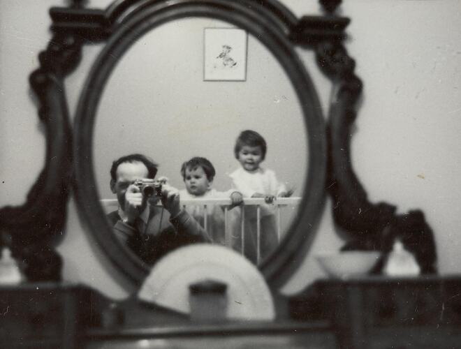 Digital Photograph - Man Photographing Himself & Two Daughters in Mirror, Port Melbourne, 1965