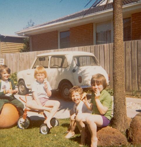 Digital Photograph - Four Boys Gathered in Driveway for 5th Birthday Party, Gladstone Park, 1974