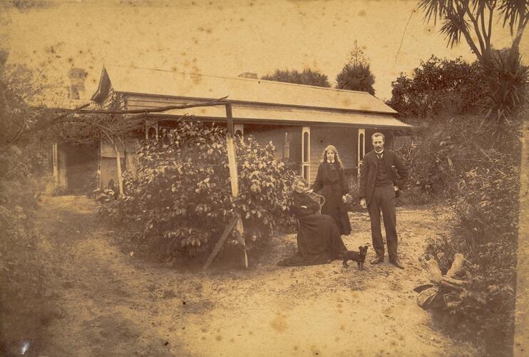 Digital Photograph - Man, Woman, Girl & Dog Standing in Front Garden of  Weatherboard House, 'Reno', Kew, 1905