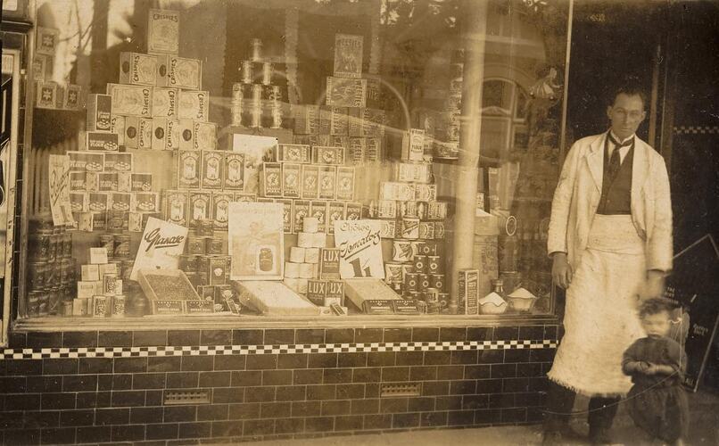 Digital Photograph - Shop Owner & Baby outside Grocery Shop, Hawksburn, 1921